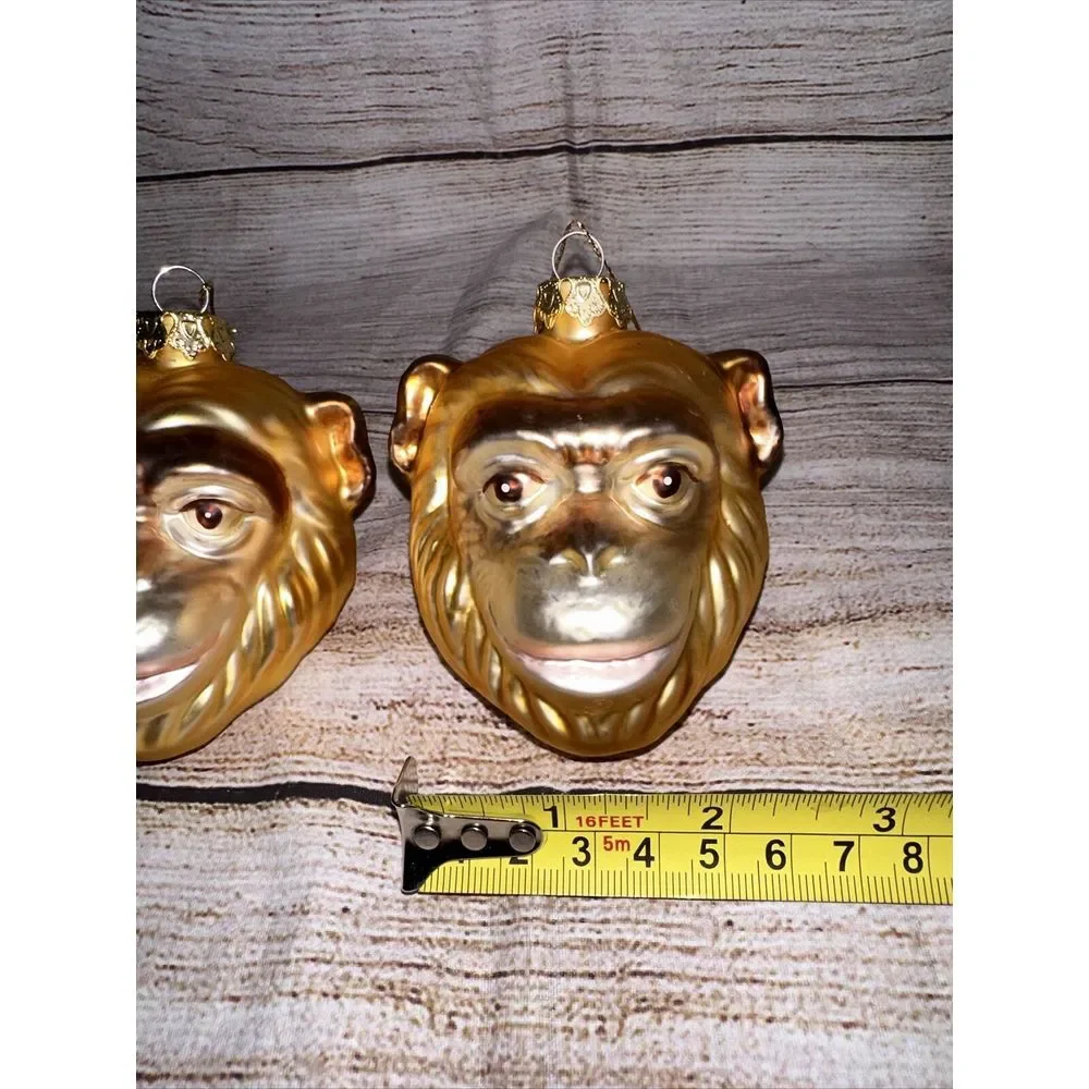 Set of 2 Monkey Head Glass Christmas Ornaments‎ Gold Safari Jungle Chimpanzee